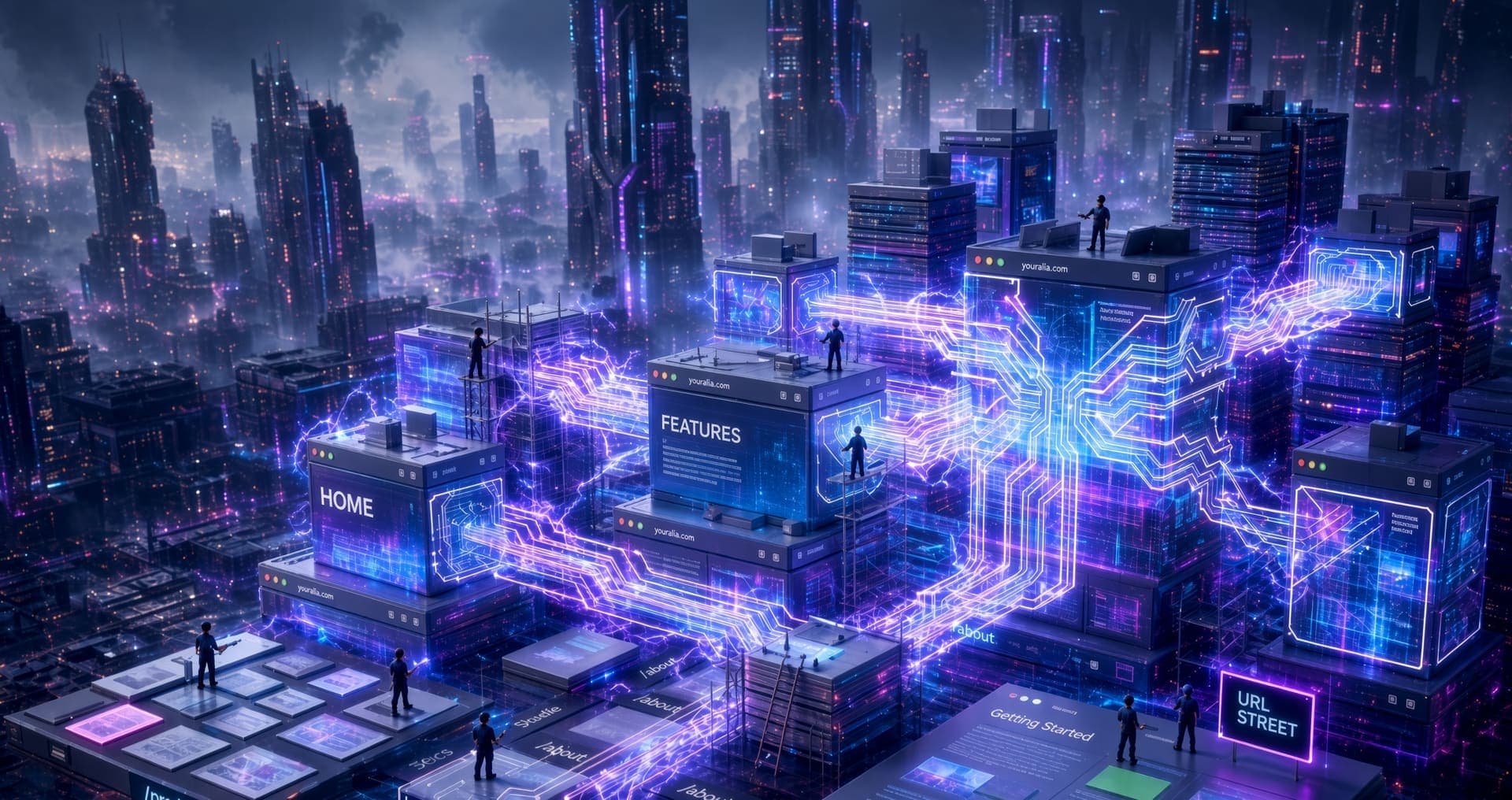 Illustrated night city of connected website pages